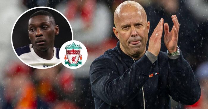 Tottenham Hotspur striker Randal Kolo Muani, Liverpool badge and Liverpool manager Arne Slot - copyright TEAMtalk