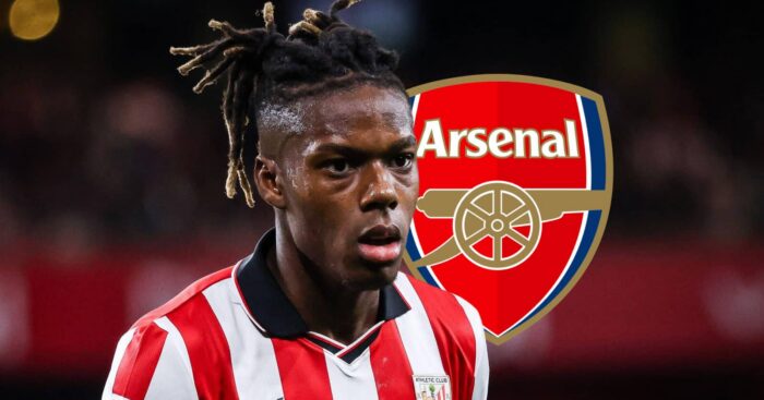 Athletic Club star Nico Williams, with an Arsenal badge