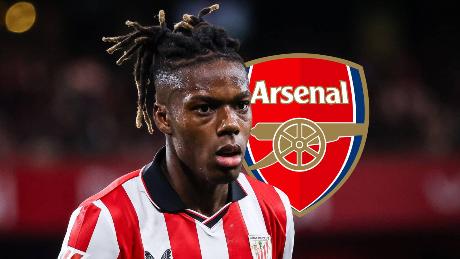Athletic Club star Nico Williams, with an Arsenal badge
