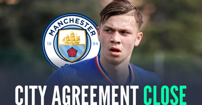 Troyes star Mathys Detourbet next to the Manchester City badge and the words 'City agreement close'