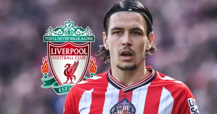 Sunderland star Enzo Le Fee, with a Liverpool badge