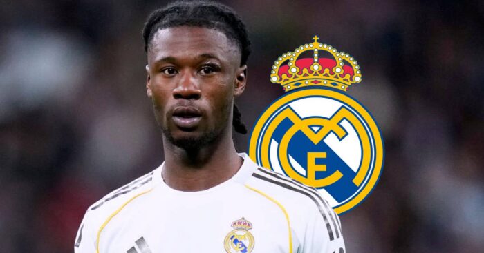 Real Madrid midfielder Eduardo Camavinga and Real Madrid badge - copyright TEAMtalk