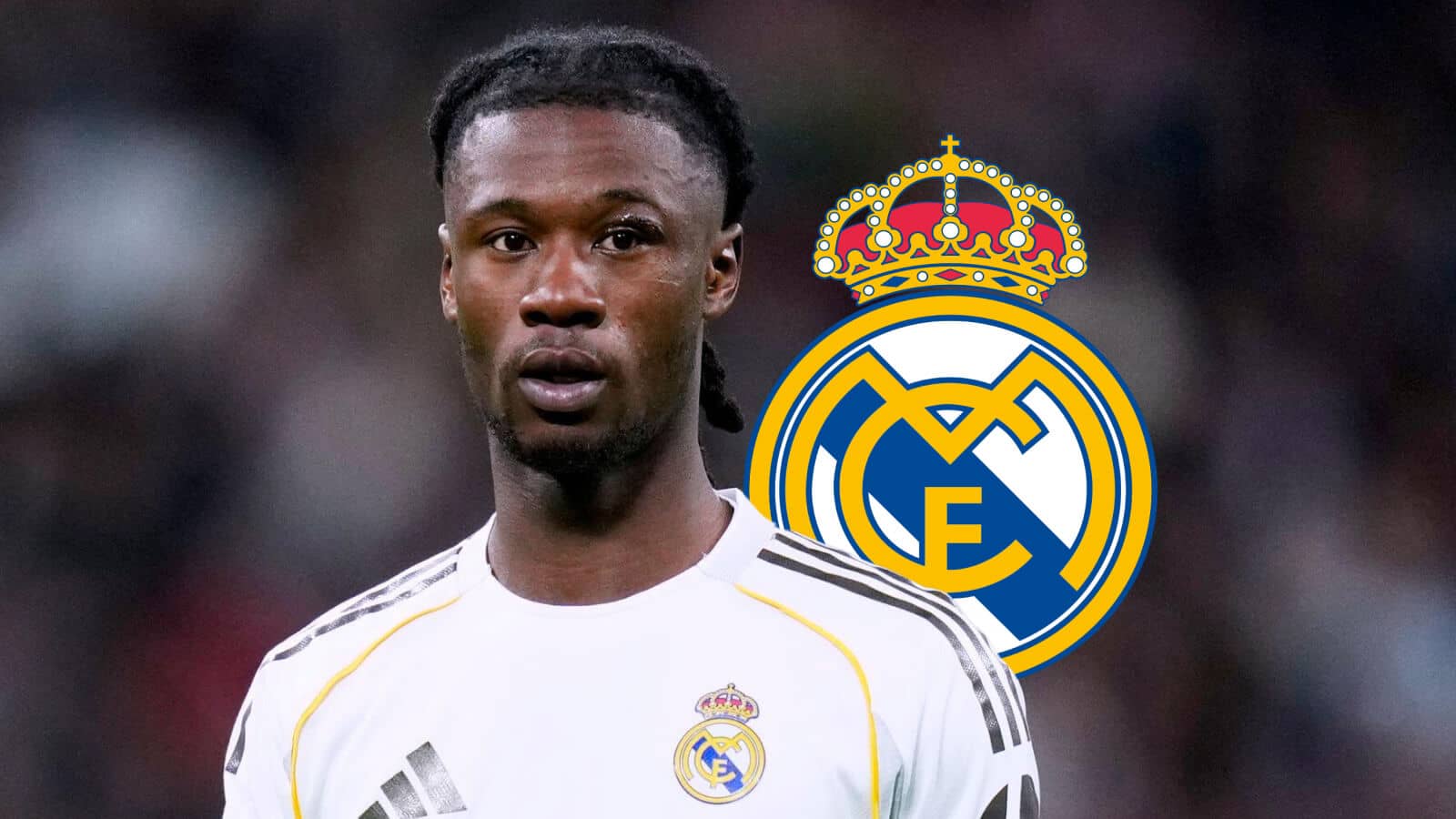 Real Madrid midfielder Eduardo Camavinga and Real Madrid badge - copyright TEAMtalk