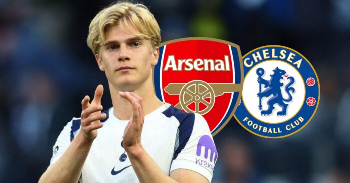 Tottenham star Lucas Bergvall with Arsenal and Chelsea badges