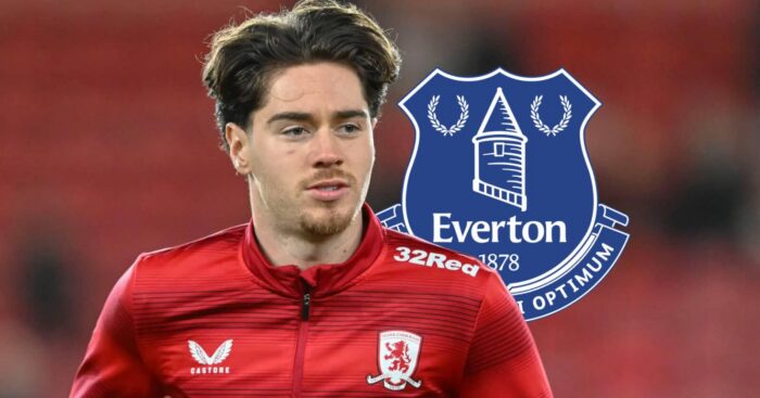 Middlesbrough star Hayden Hackney, with an Everton badge