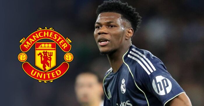 Real Madrid's Aurelien Tchouameni with Man Utd badge