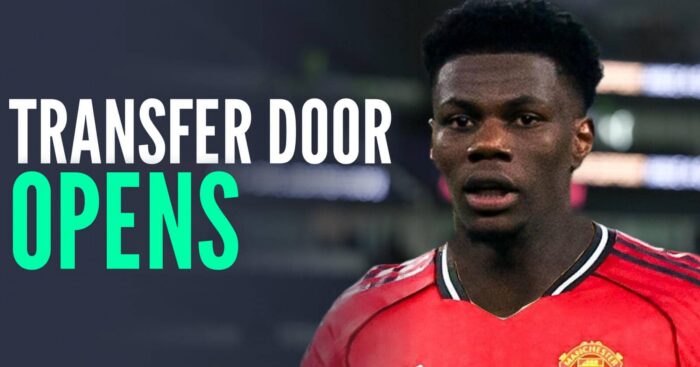 Real Madrid's Aurelien Tchouameni with a Manchester United shirt Photoshopped on him and the words 'transfer door opens'