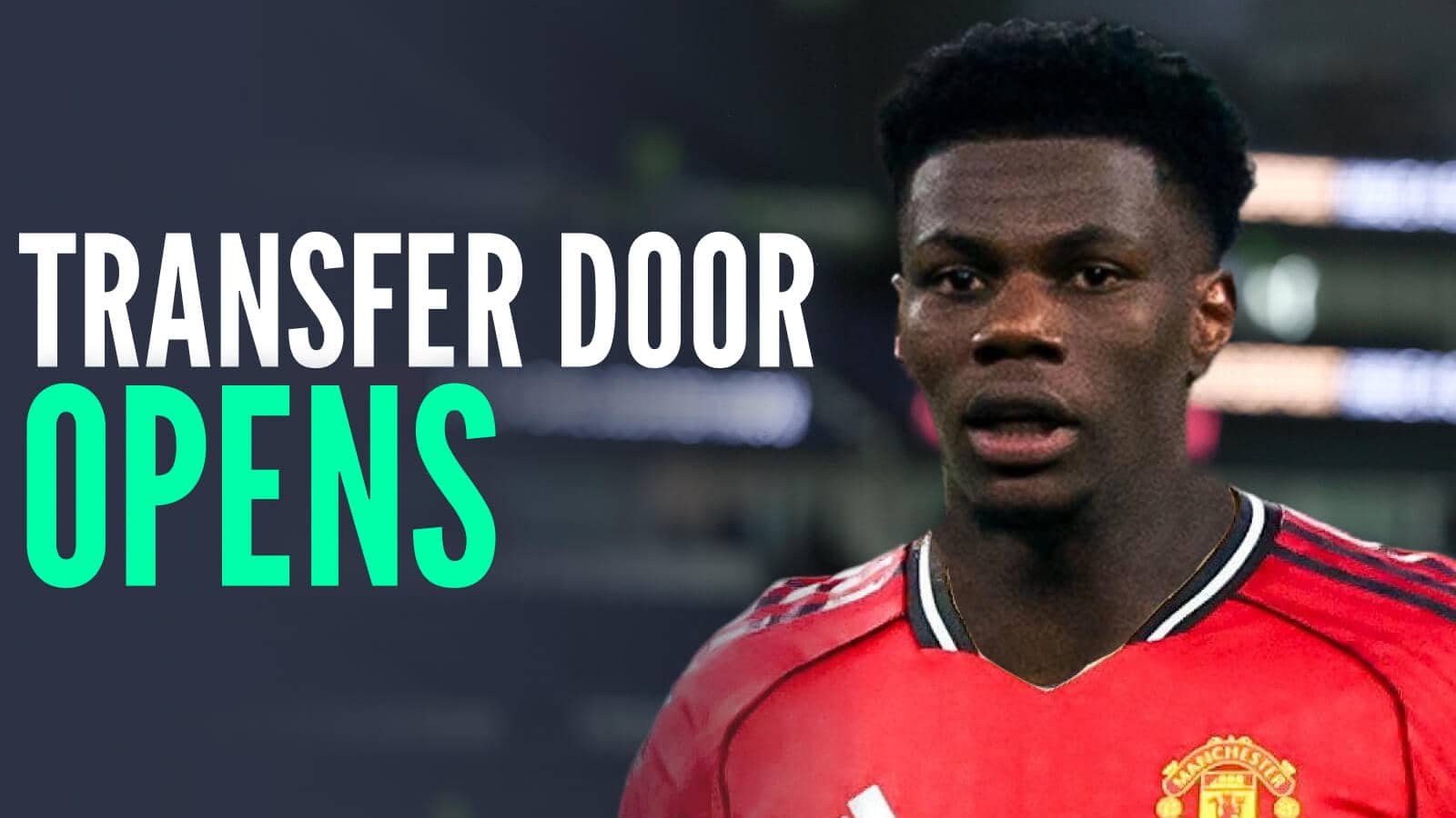 Real Madrid's Aurelien Tchouameni with a Manchester United shirt Photoshopped on him and the words 'transfer door opens'