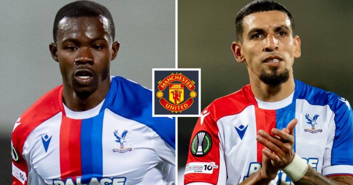 Crystal Palace pair Tyrick Mitchell and Daniel Munoz next to the Manchester United badge