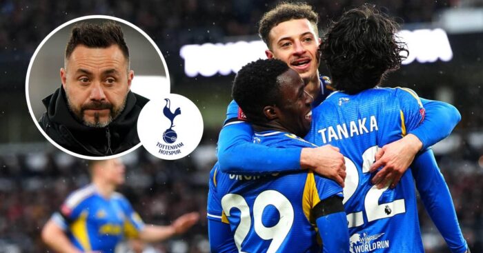 Leeds captain Ethan Ampadu, seen here with Willy Gnonto and Ao Tanaka, and, inset, Tottenham manager Roberto De Zerbi next to the club badge