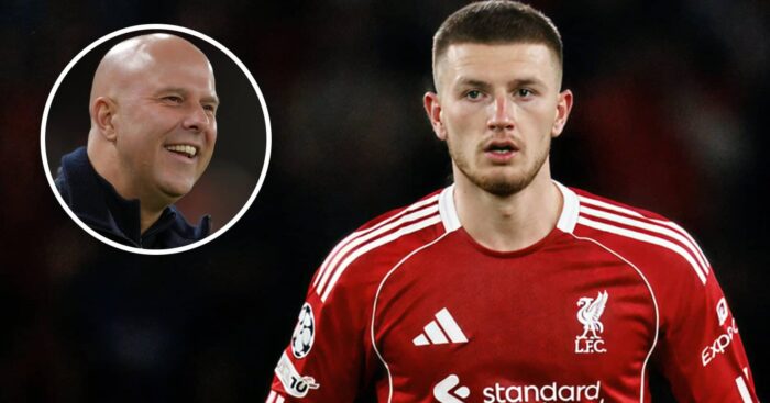 Crystal Palace star Adam Wharton with a Liverpool shirt Photoshoppd on him and, inset, Reds manager Arne Slot