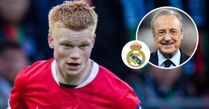 AZ midfielder Kees Smit, Real Madrid badge and Florentino Perez - copyright TEAMtalk