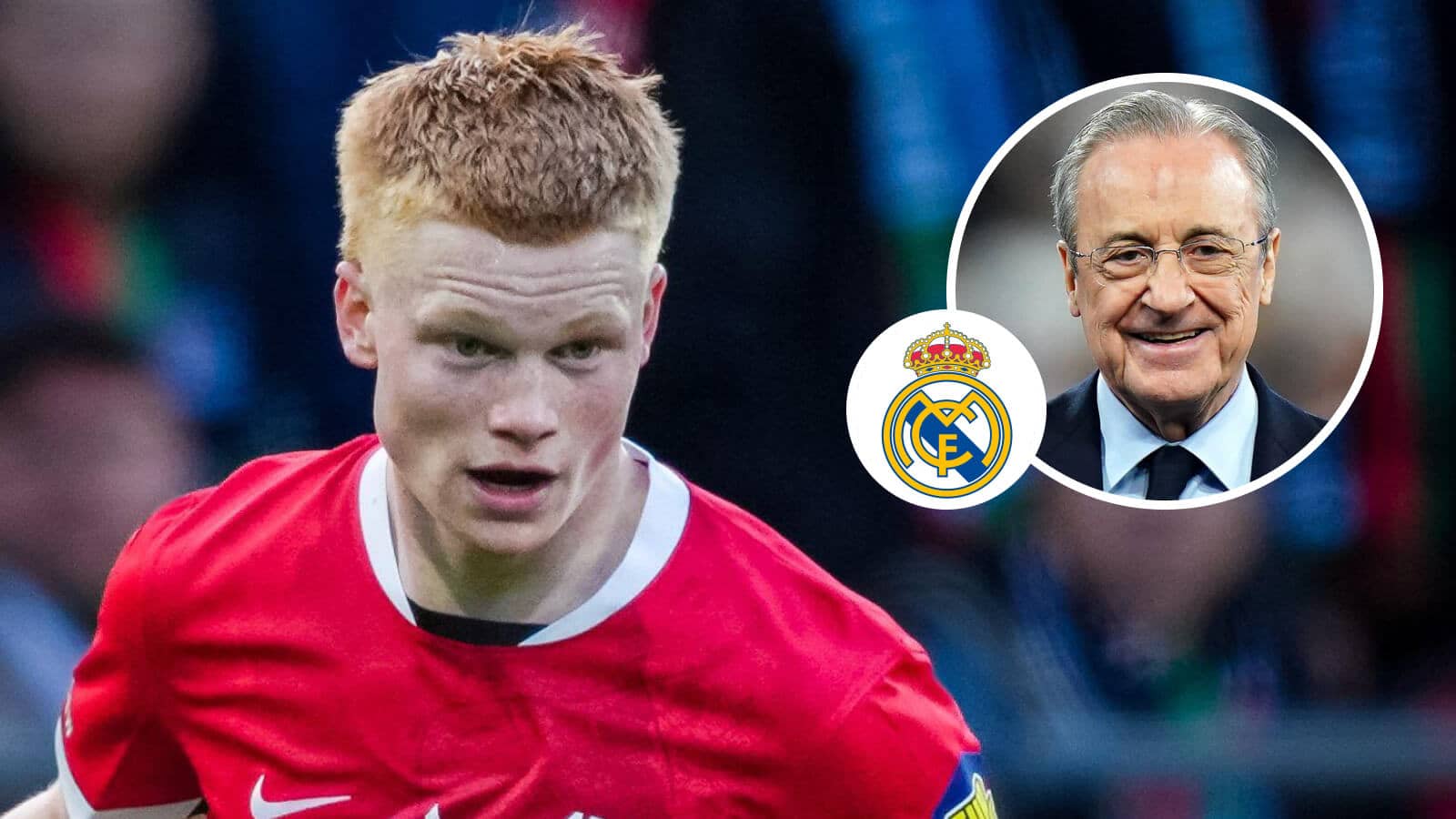 AZ midfielder Kees Smit, Real Madrid badge and Florentino Perez - copyright TEAMtalk