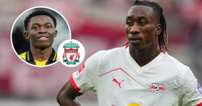 BK Hacken midfielder Abdoulaye Doumbia, Liverpool badge and RB Leipzig winger Yan Diomande - copyright TEAMtalk