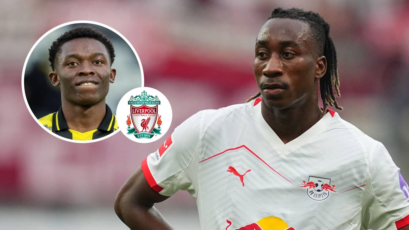 BK Hacken midfielder Abdoulaye Doumbia, Liverpool badge and RB Leipzig winger Yan Diomande - copyright TEAMtalk