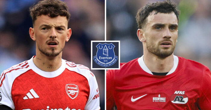 Ben White and Troy Parrott with an Everton badge