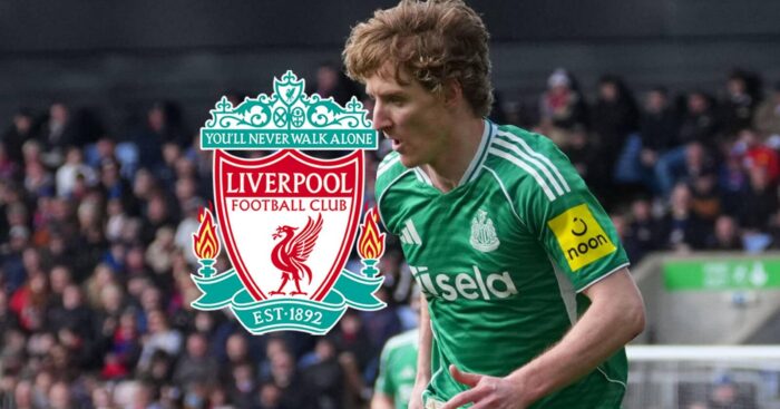 Newcastle winger Anthony Gordon next to the Liverpool badge