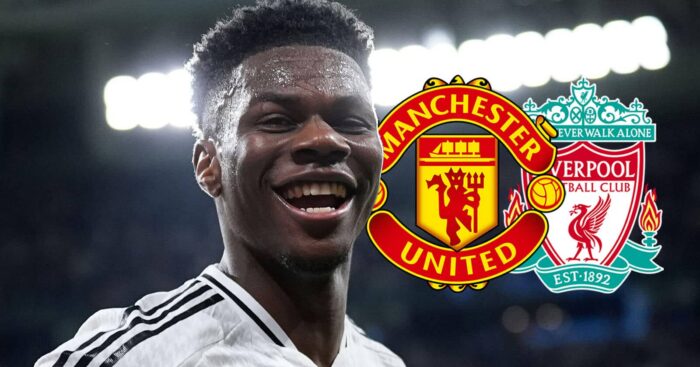 Real Madrid star Aurelien Tchouameni with Man Utd and Liverpool badges