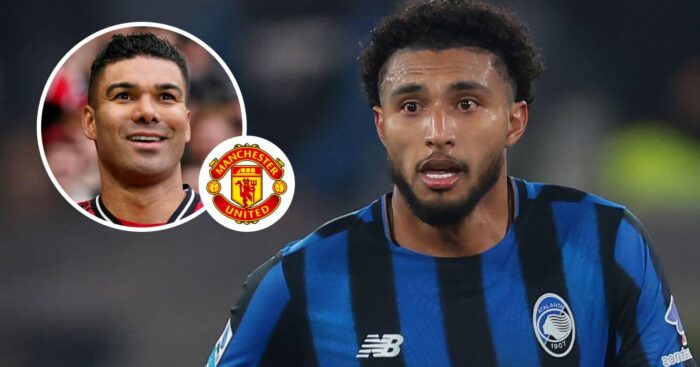 Manchester United midfielder Casemiro, Manchester United badge and Atalanta midfielder Ederson - copyright TEAMtalk