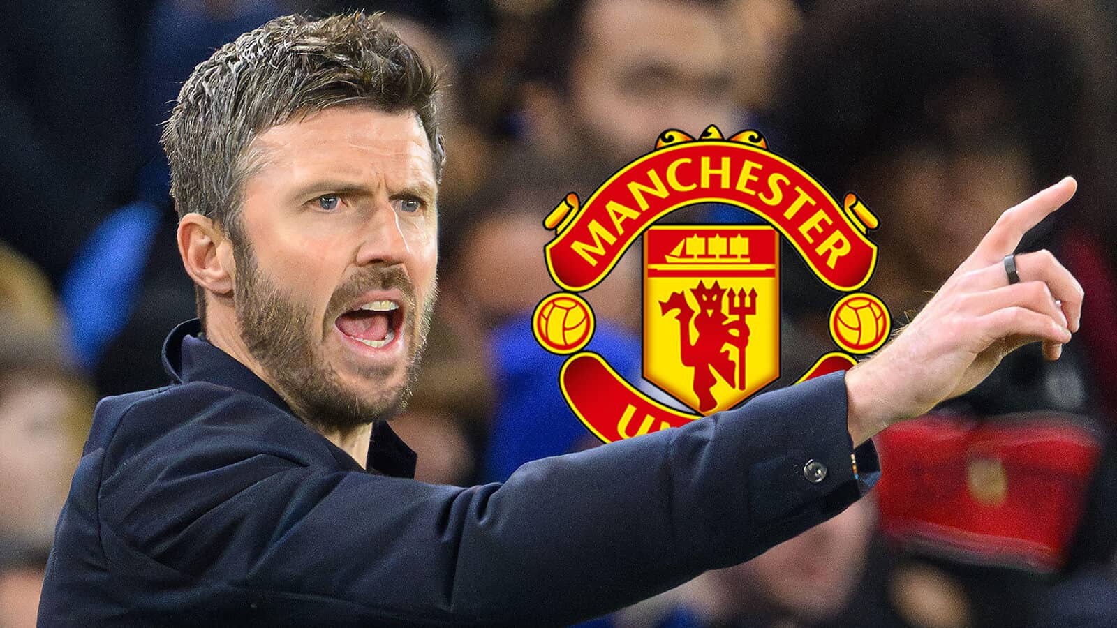 Interim Man Utd boss Michael Carrick next to the Manchester United badge