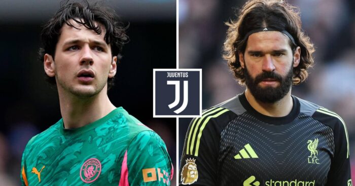 Manchester City goalkeeper James Trafford and Liverpool man Alisson Becker next to the Juventus badge