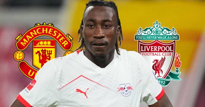 Manchester United badge, RB Leipzig winger Yan Diomande and Liverpool badge - copyright TEAMtalk