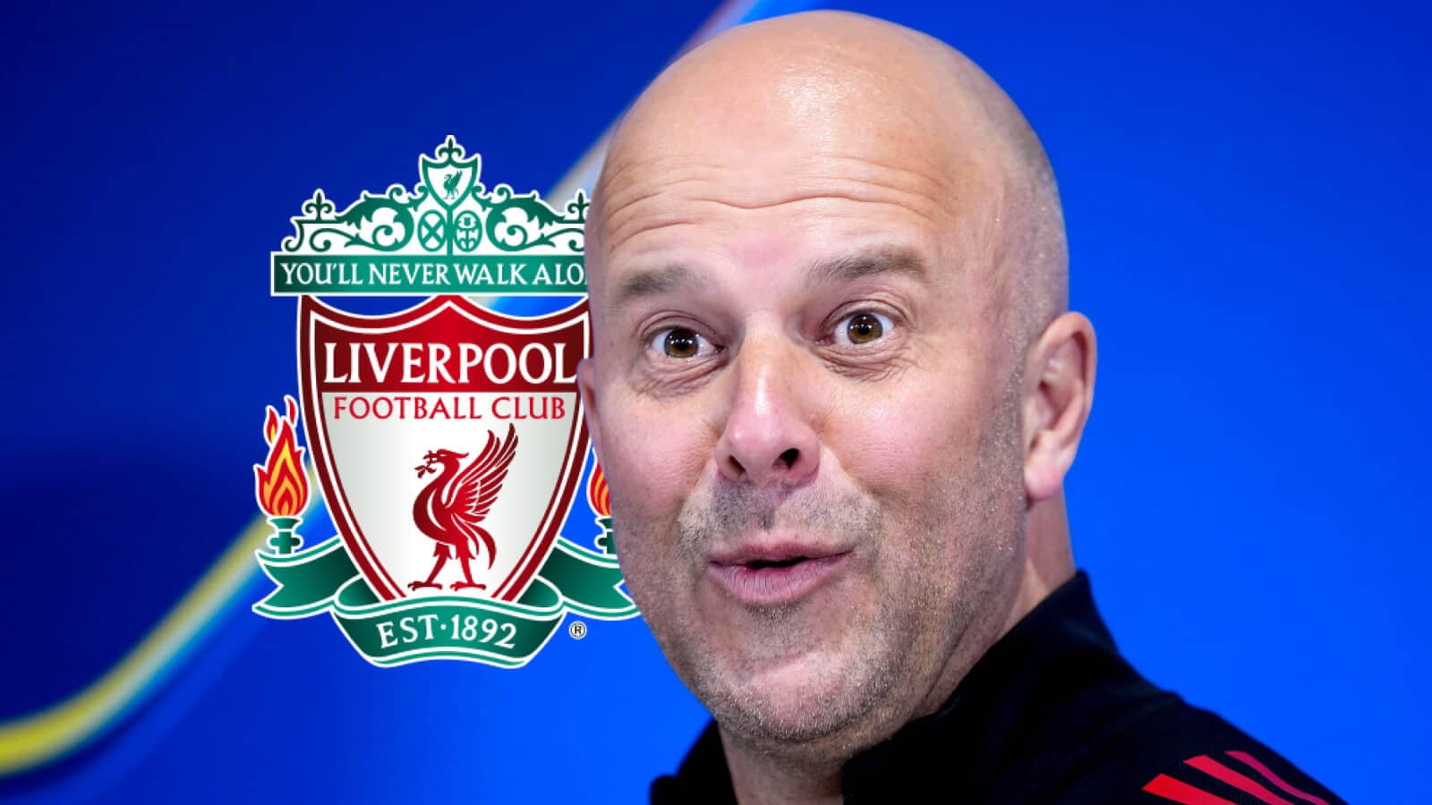 A surprised looking Liverpool manager Arne Slot next to the Liverpool FC badge