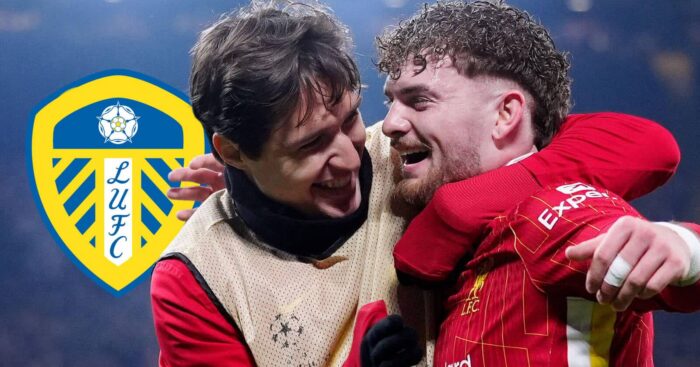 Liverpool star Harvey Elliott, seen next to Federico Chiesa, pictured next to the Leeds United badge