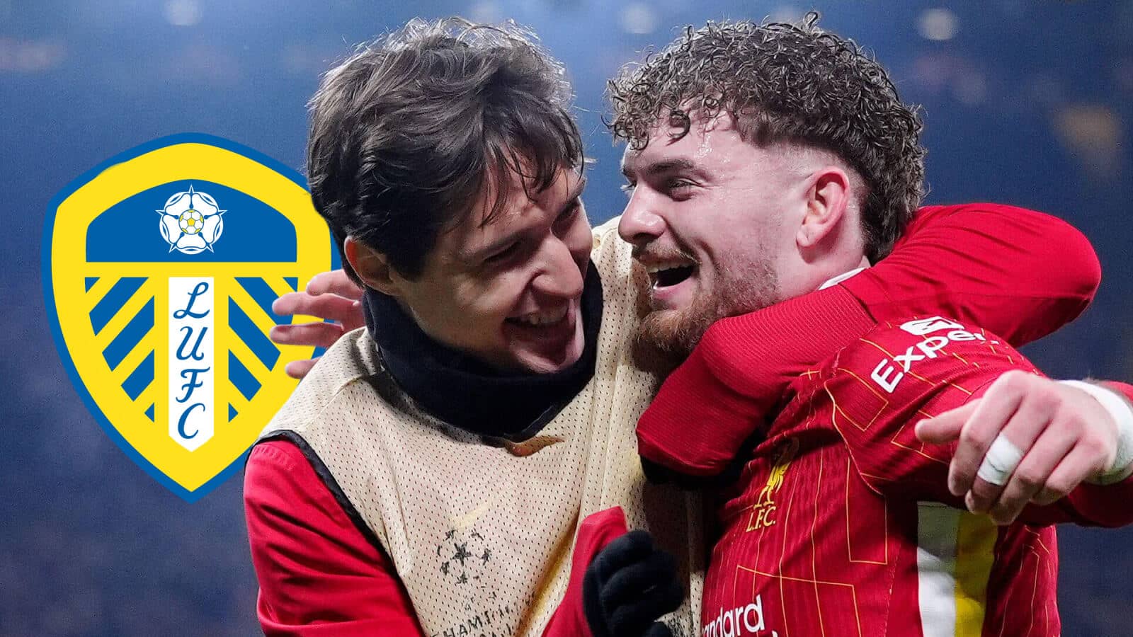 Liverpool star Harvey Elliott, seen next to Federico Chiesa, pictured next to the Leeds United badge