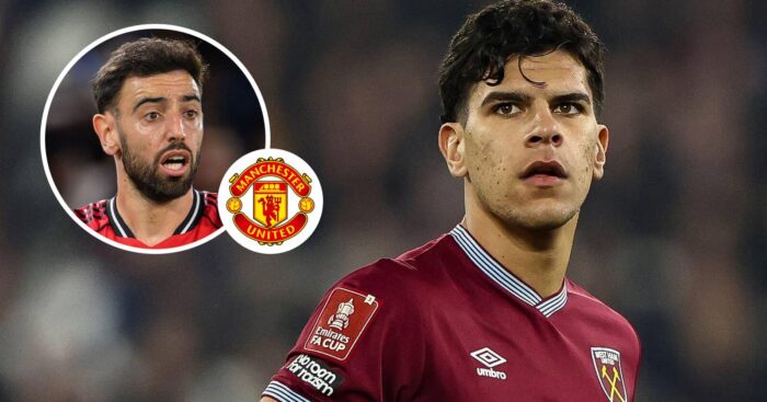 Bruno Fernandes, Manchester United badge and West Ham United star Mateus Fernandes