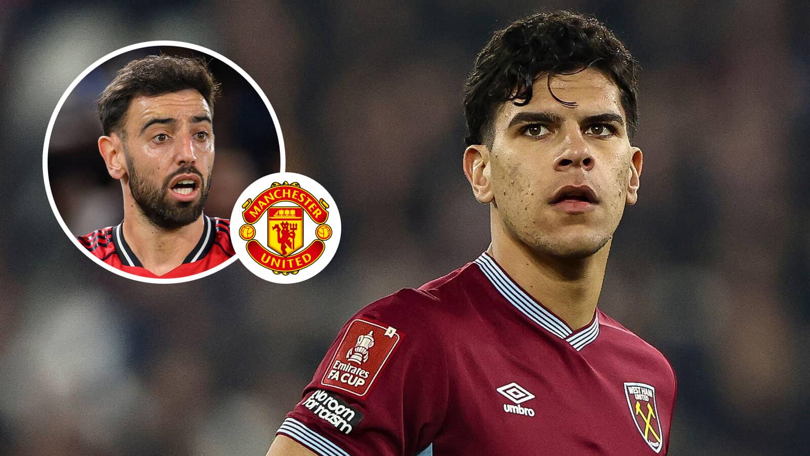 Bruno Fernandes, Manchester United badge and West Ham United star Mateus Fernandes
