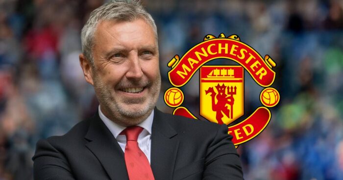 Manchester United's director of football Jason Wilcox next to the club badge