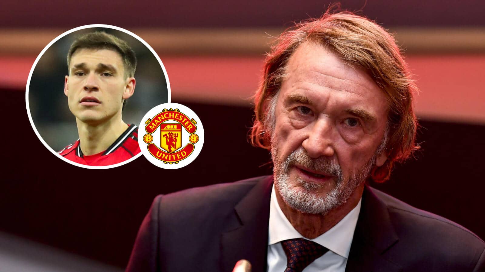 Manuel Ugarte, Manchester United badge and Sir Jim Ratcliffe - copyright TEAMtalk