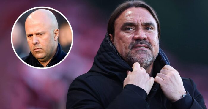Leeds boss Daniel Farke and, inset, Liverpool manager Arne Slot