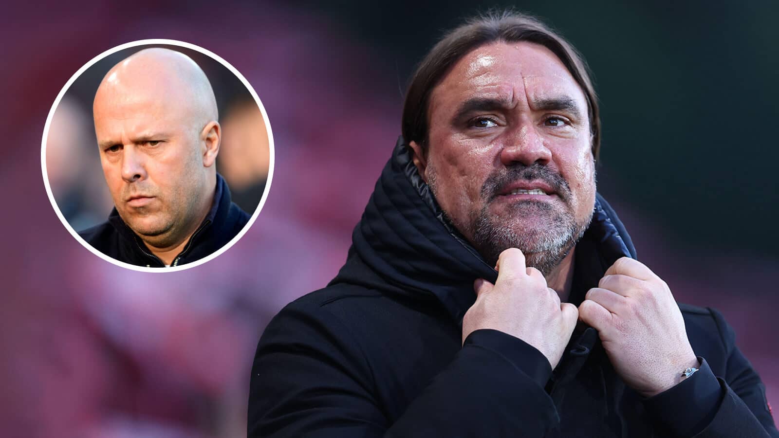 Leeds boss Daniel Farke and, inset, Liverpool manager Arne Slot