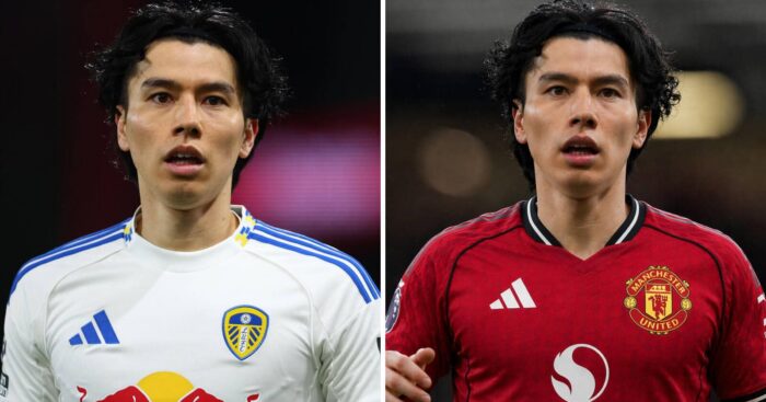 Leeds United's Ao Tanaka has been linked with a move to Manchester United, pictured here with a Man Utd shirt Photoshopped on him