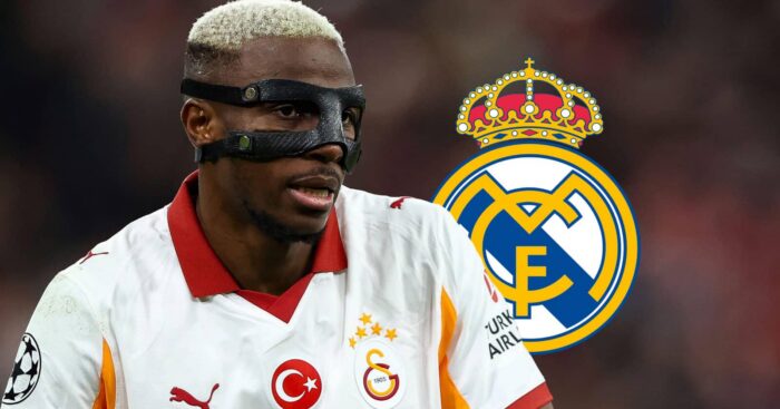 Galatasaray striker Victor Osimhen next to the Real Madrid badge - copyright TEAMtalk