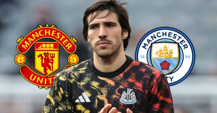 Newcastle star Sandro Tonali in between the badges of Manchester United and Manchester City