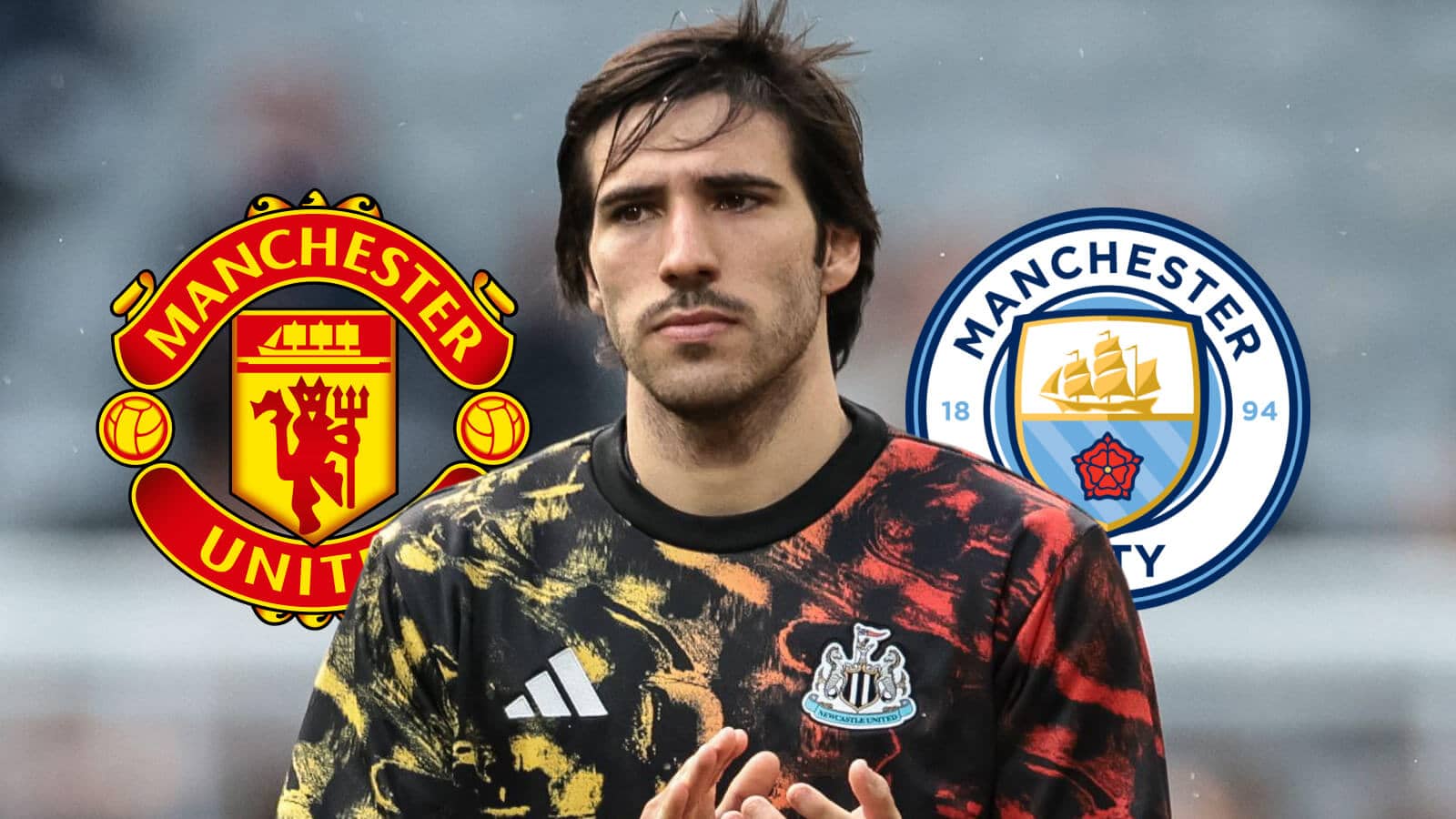 Newcastle star Sandro Tonali in between the badges of Manchester United and Manchester City