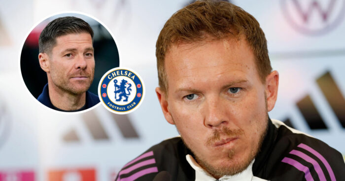 Germany coachJulian Nagelsmann and, inset, Xabi Alonso next to the Chelsea FC badge