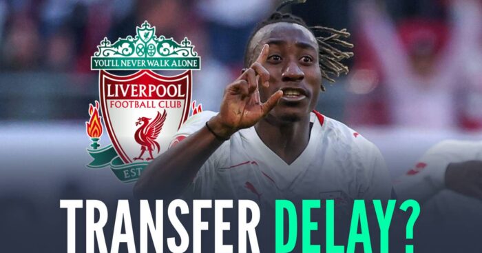 RB Leipzig star Yan Diomande next to the Liverpool badge and the words 'transfer delay?'