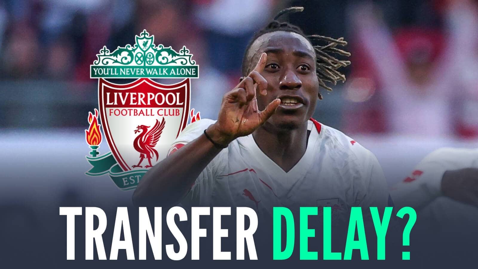 RB Leipzig star Yan Diomande next to the Liverpool badge and the words 'transfer delay?'