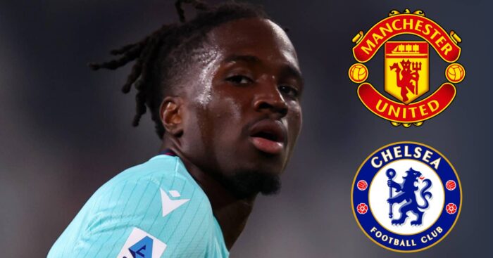 Bolgona star Jonathan Rowe, with Man Utd and Chelsea badges