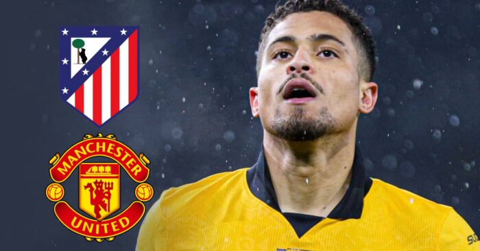 Wolves star Joao Gomes with Atletico Madrid and Man Utd badges