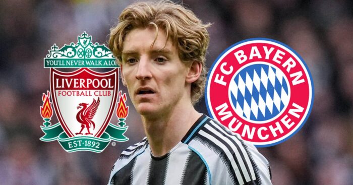 Liverpool badge, Newcastle United winger Anthony Gordon and Bayern Munich badge - copyright TEAMtalk