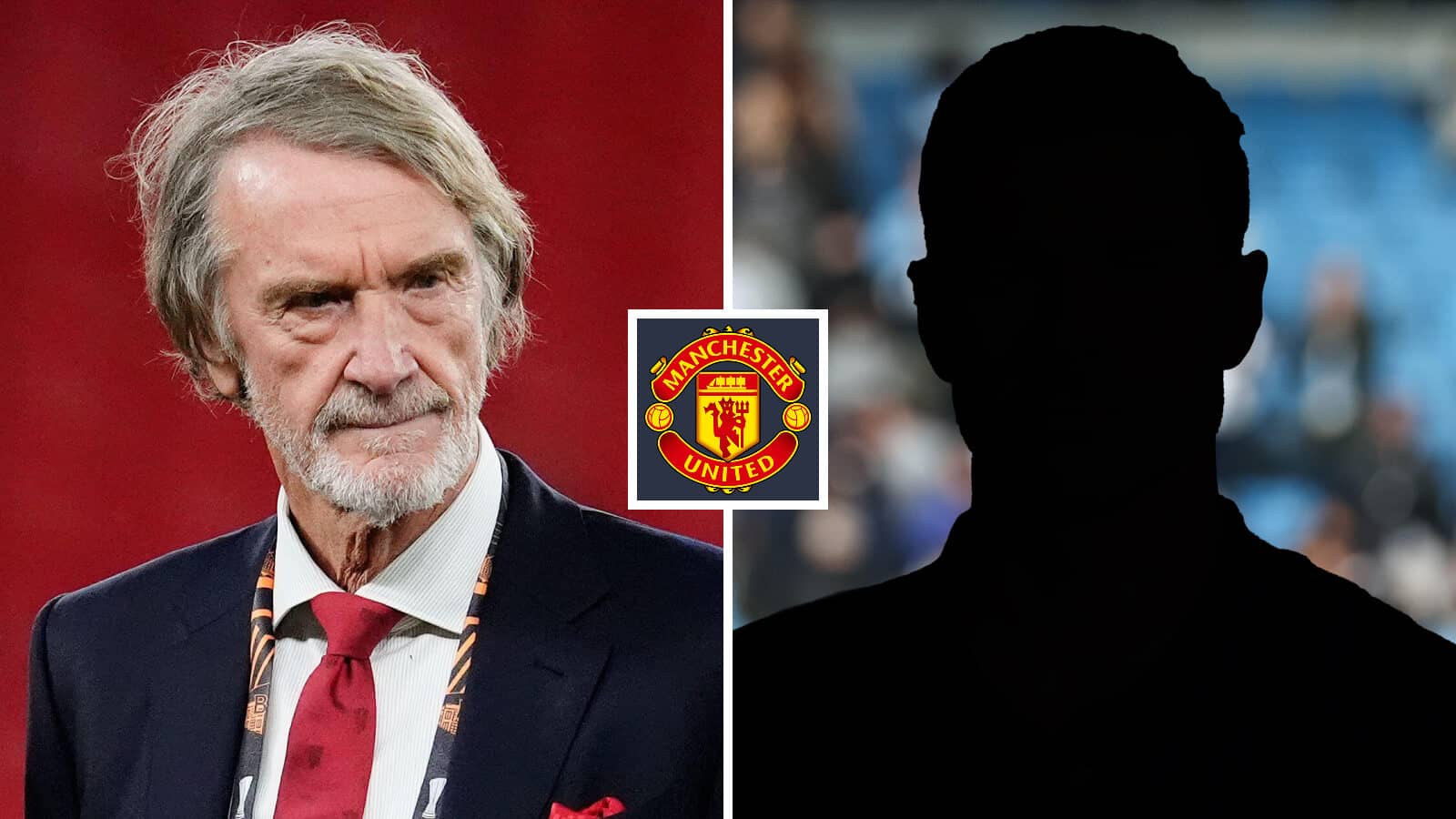 Split image of Sir Jim Ratcliffe and a shadow with the Manchester United badge in mind - copyright TEAMtalk