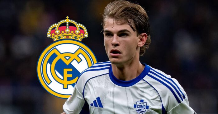 Real Madrid badge and Como attacking midfielder Nico Paz - copyright TEAMtalk