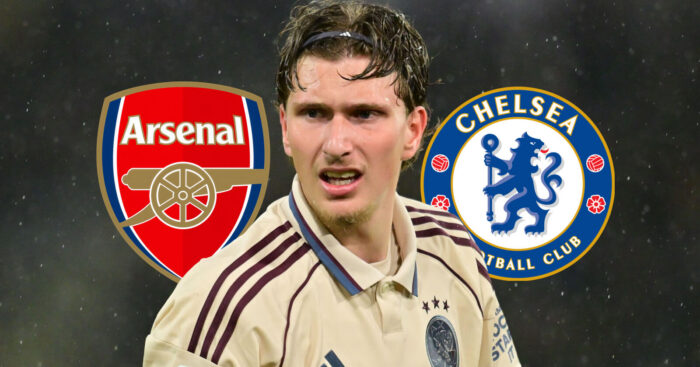 Ajax star Mika Godts with Arsenal and Chelsea badges