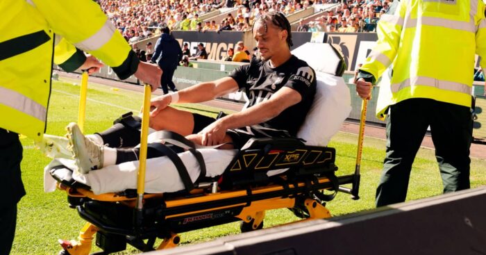 Tottenham Hotspur's Xavi Simons is stretchered off injured during the Premier League match at Molineux