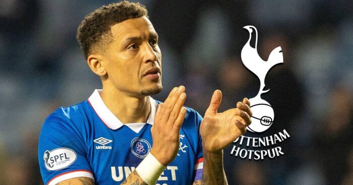 Rangers star James Tavernier with a Tottenham badge